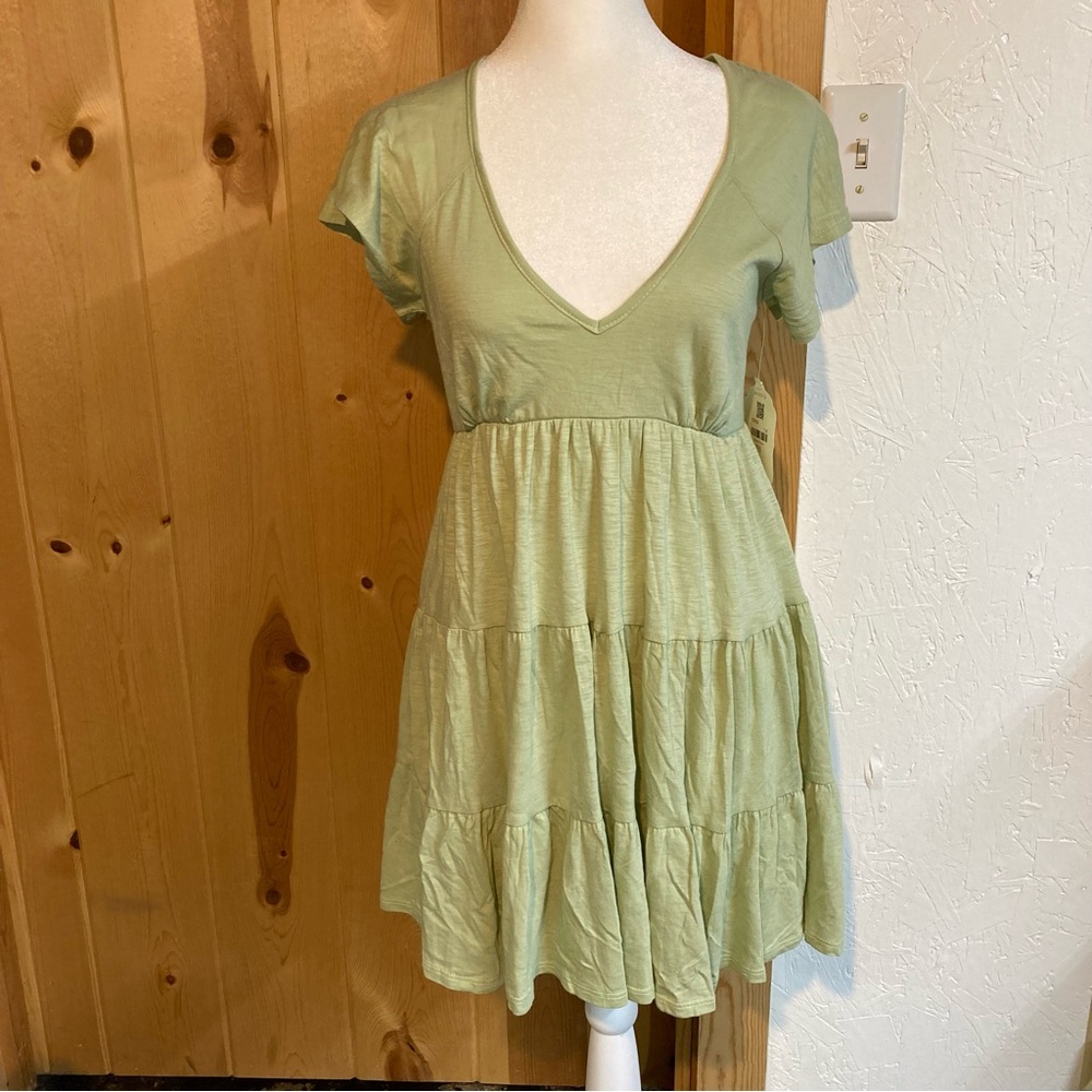 NWT Altar'd State Light Sage Green V-Neck Lined Layered Mini Dress Size S